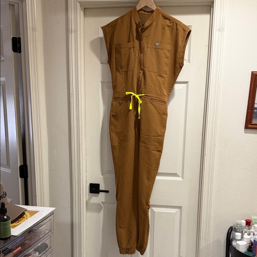 Figs Women's Brown Sleeveless Jumpsuit with Neon Yellow Drawstring
